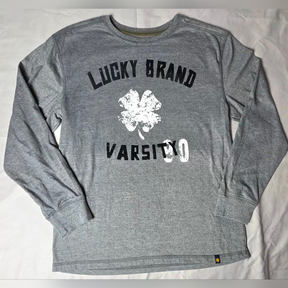 Lucky Brand Shirt Boys Large Long Sleeve Gray Varsity Clover Graphic Tee Y2K Sty